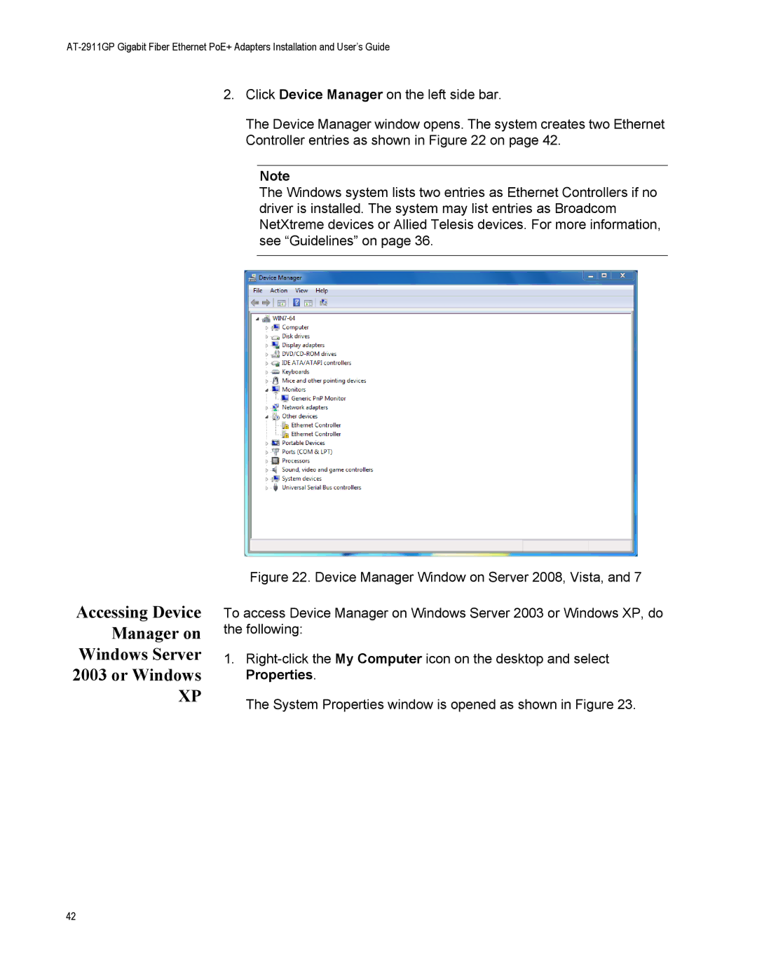 Allied Telesis AT-2911GP/SXLC, AT-2911GP/LXLC, AT-2911GP/SXSC Accessing Device Manager on Windows Server 2003 or Windows 