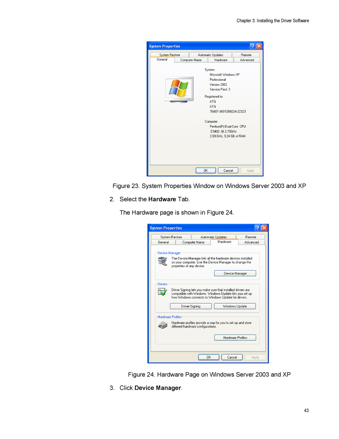 Allied Telesis AT-2911GP/LXSC, AT-2911GP/LXLC manual Hardware Page on Windows Server 2003 and XP, Click Device Manager 