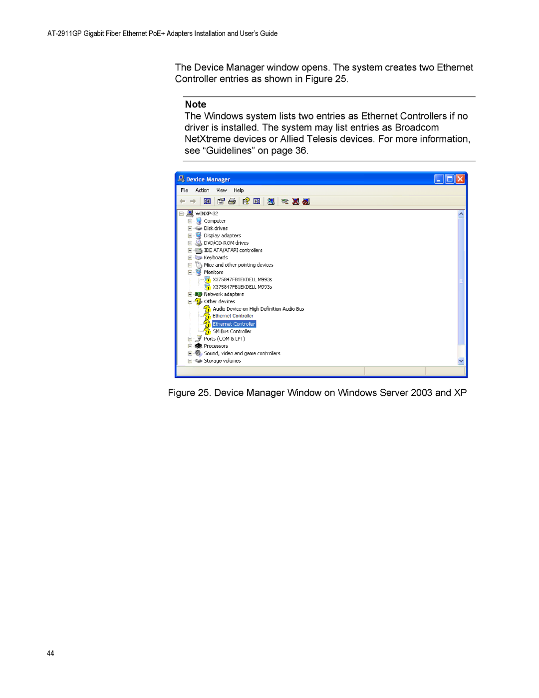 Allied Telesis AT-2911GP/LXLC, AT-2911GP/SXSC, AT-2911GP/SXLC manual Device Manager Window on Windows Server 2003 and XP 