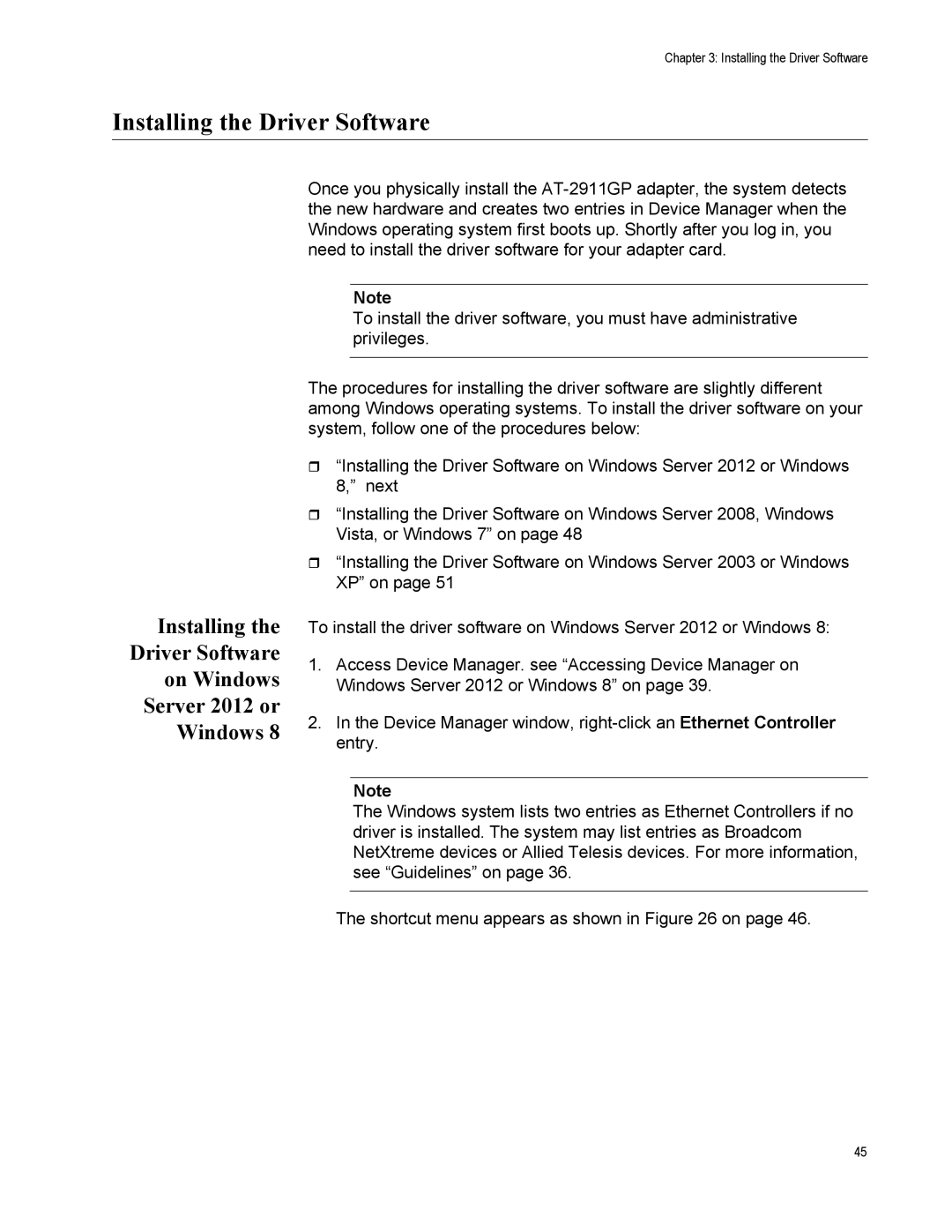 Allied Telesis AT-2911GP/SXSC manual Installing the Driver Software, Installing Driver Software On Windows Server 2012 or 