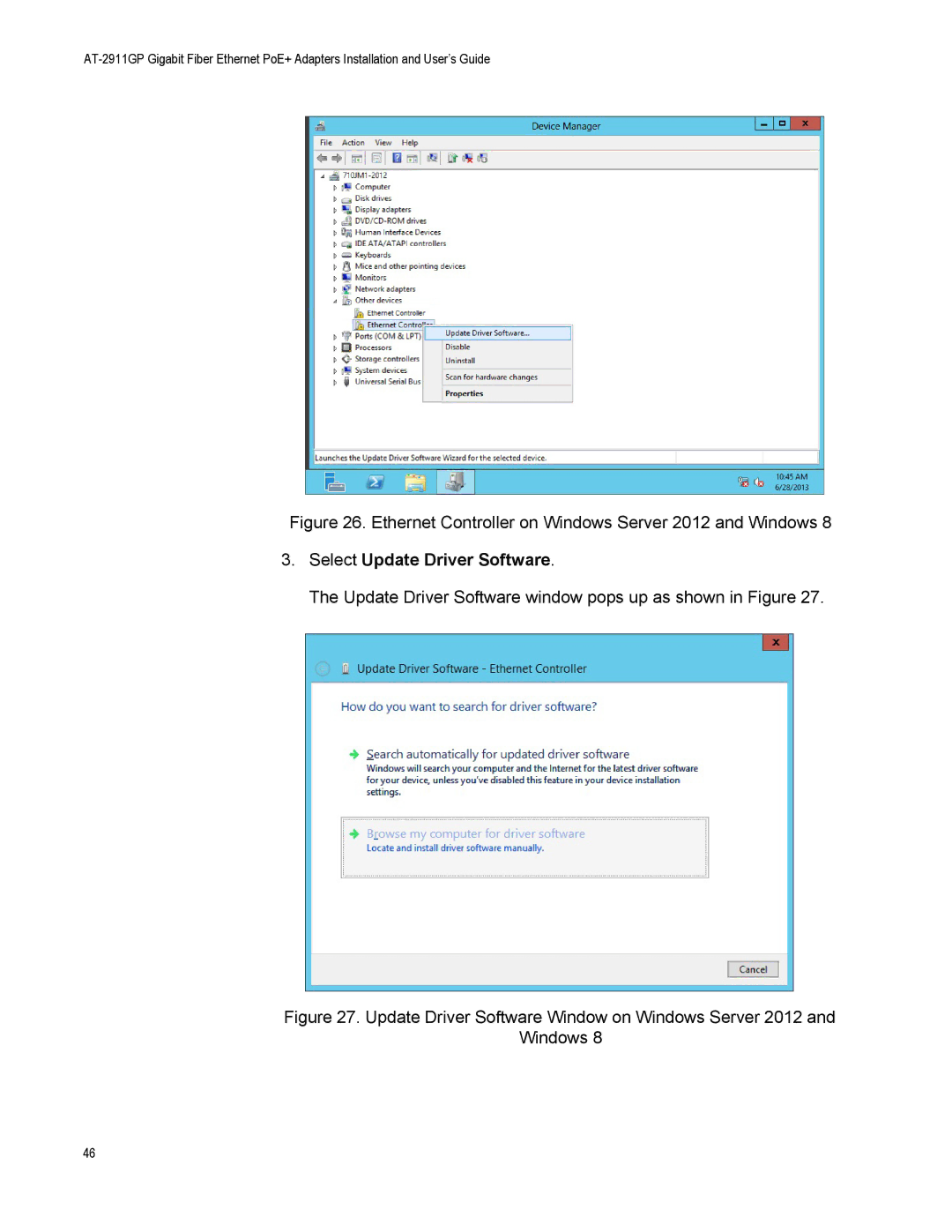 Allied Telesis AT-2911GP/SXLC manual Ethernet Controller on Windows Server 2012 and Windows, Select Update Driver Software 