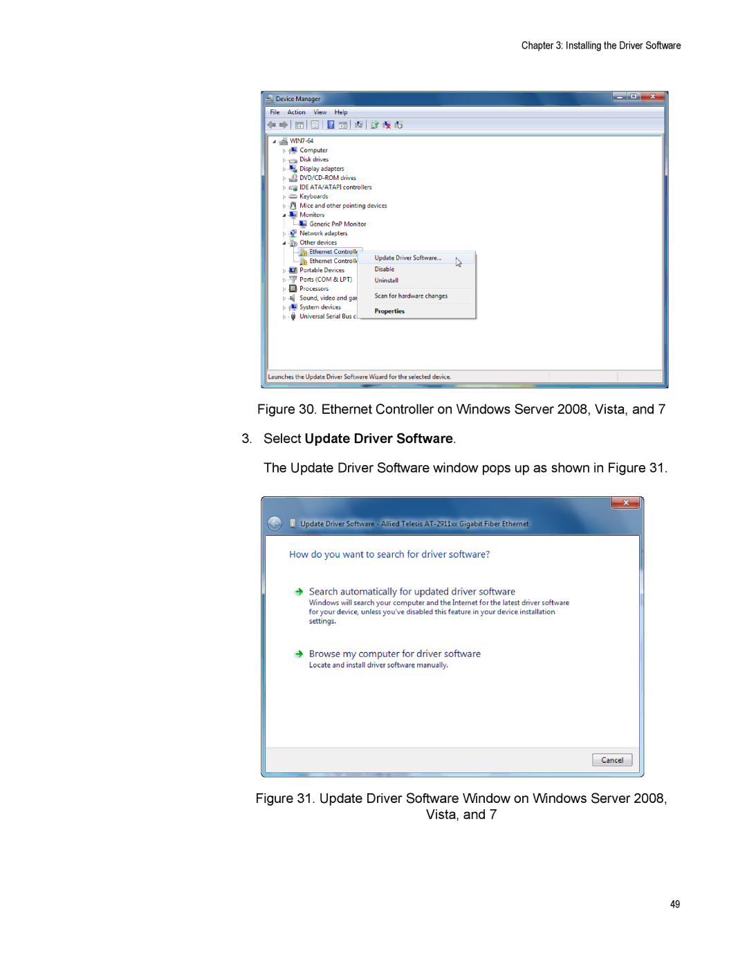 Allied Telesis AT-2911GP/SXSC, AT-2911GP/LXLC, AT-2911GP/SXLC manual Ethernet Controller on Windows Server 2008, Vista 