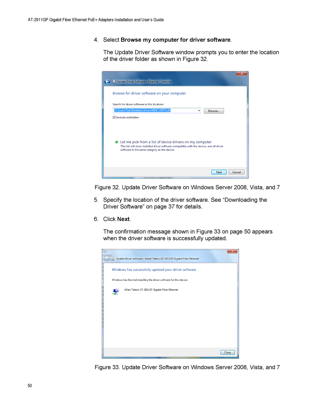 Allied Telesis AT-2911GP/SXLC, AT-2911GP/LXLC, AT-2911GP/SXSC manual Update Driver Software on Windows Server 2008, Vista 