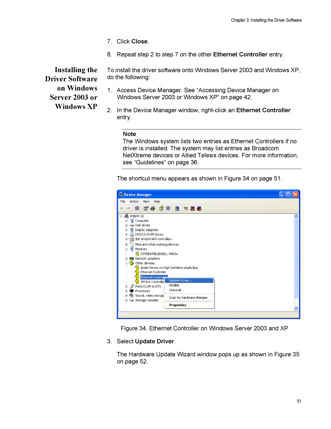 Allied Telesis AT-2911GP/LXSC, AT-2911GP/LXLC manual Ethernet Controller on Windows Server 2003 and XP, Select Update Driver 