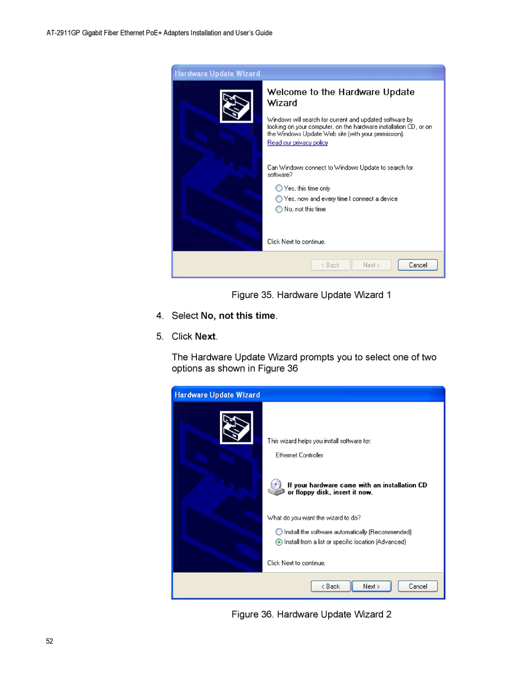 Allied Telesis AT-2911GP/LXLC, AT-2911GP/SXSC, AT-2911GP/SXLC manual Hardware Update Wizard, Select No, not this time 