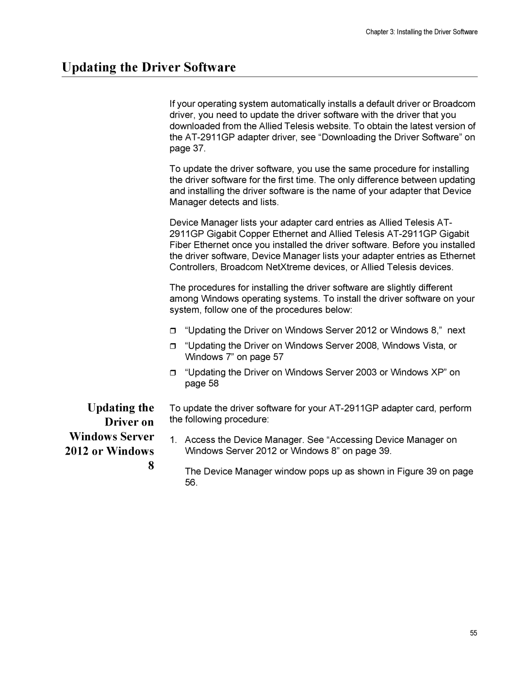 Allied Telesis AT-2911GP/LXSC manual Updating the Driver Software, Updating the Driver on Windows Server 2012 or Windows 