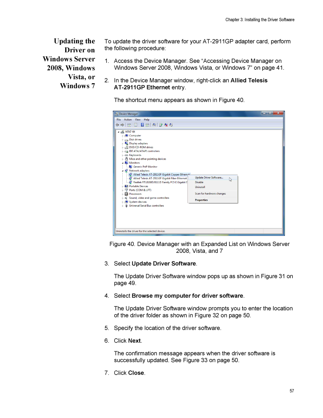 Allied Telesis AT-2911GP/SXSC, AT-2911GP/LXLC, AT-2911GP/SXLC Updating Driver on Windows Server 2008, Windows Vista, or 