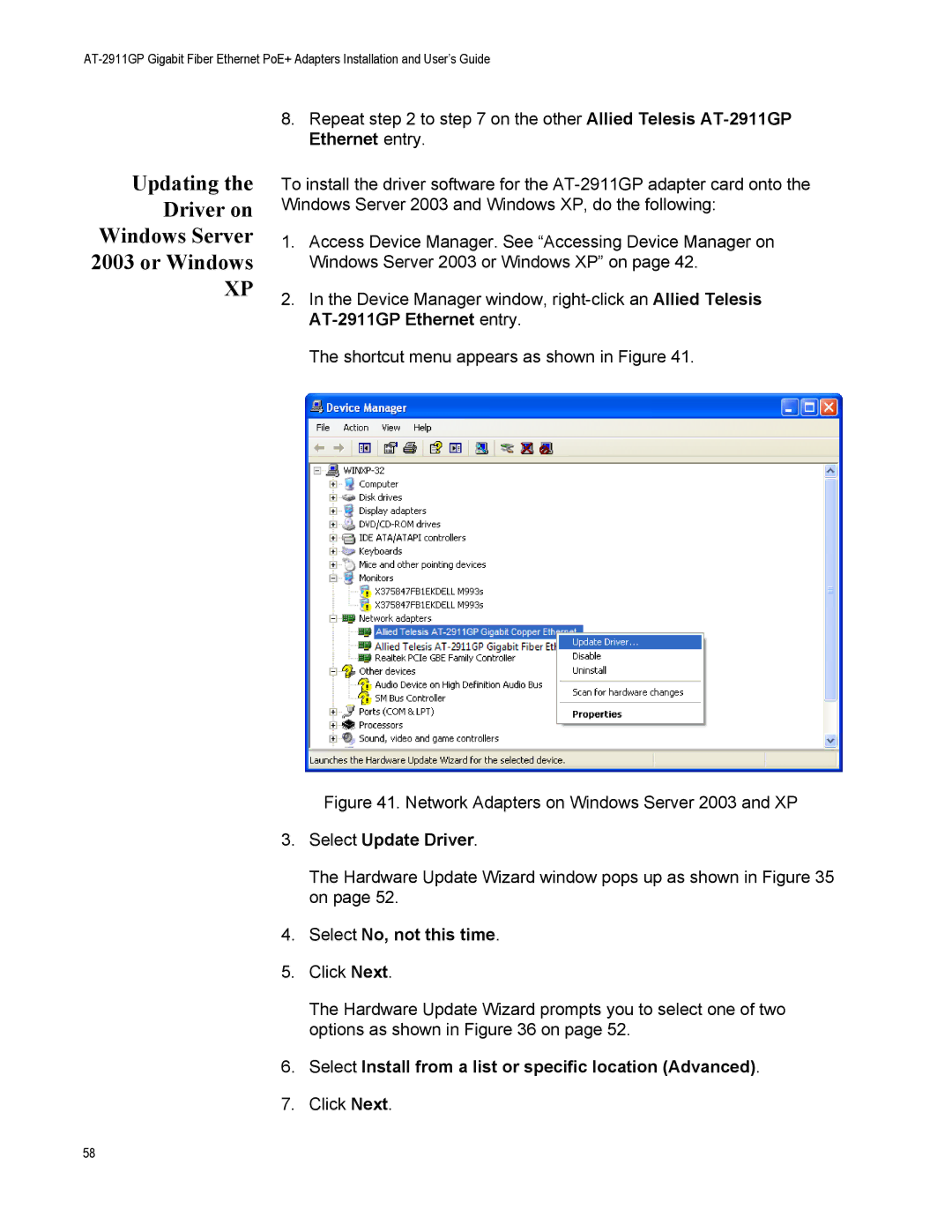 Allied Telesis AT-2911GP/SXLC, AT-2911GP/LXLC, AT-2911GP/SXSC manual Updating the Driver on Windows Server 2003 or Windows 