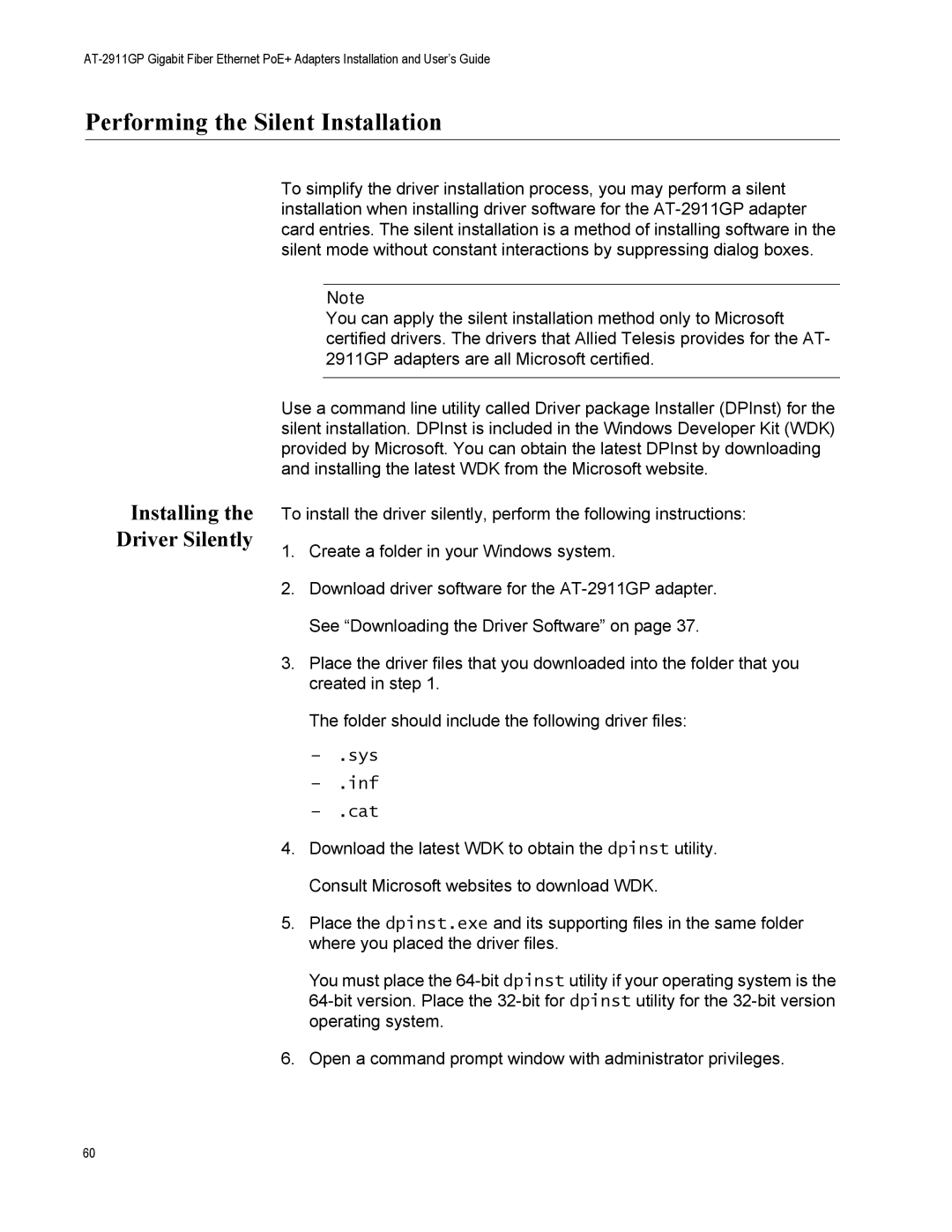 Allied Telesis AT-2911GP/LXLC, AT-2911GP/SXSC manual Performing the Silent Installation, Installing the Driver Silently 