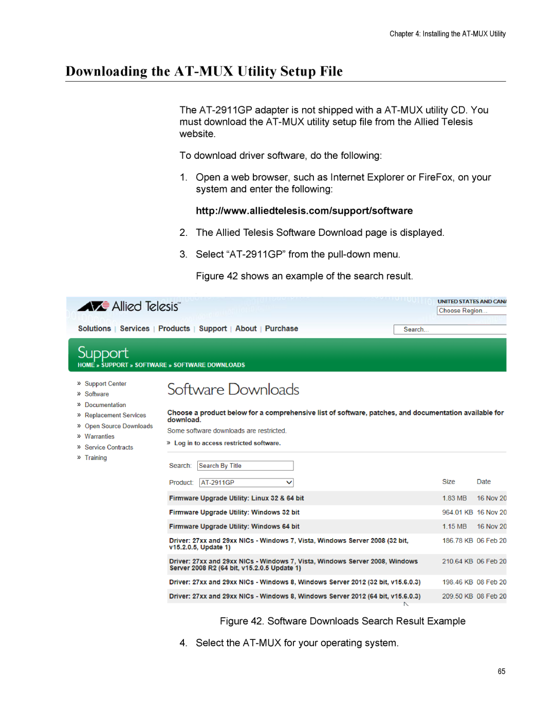 Allied Telesis AT-2911GP/SXSC manual Downloading the AT-MUX Utility Setup File, Shows an example of the search result 