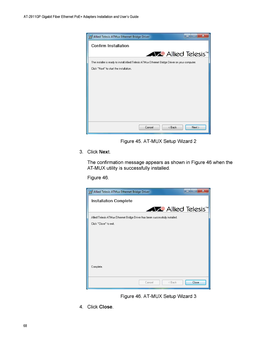 Allied Telesis AT-2911GP/LXLC, AT-2911GP/SXSC, AT-2911GP/SXLC, AT-2911GP/LXSC manual AT-MUX Setup Wizard Click Close 