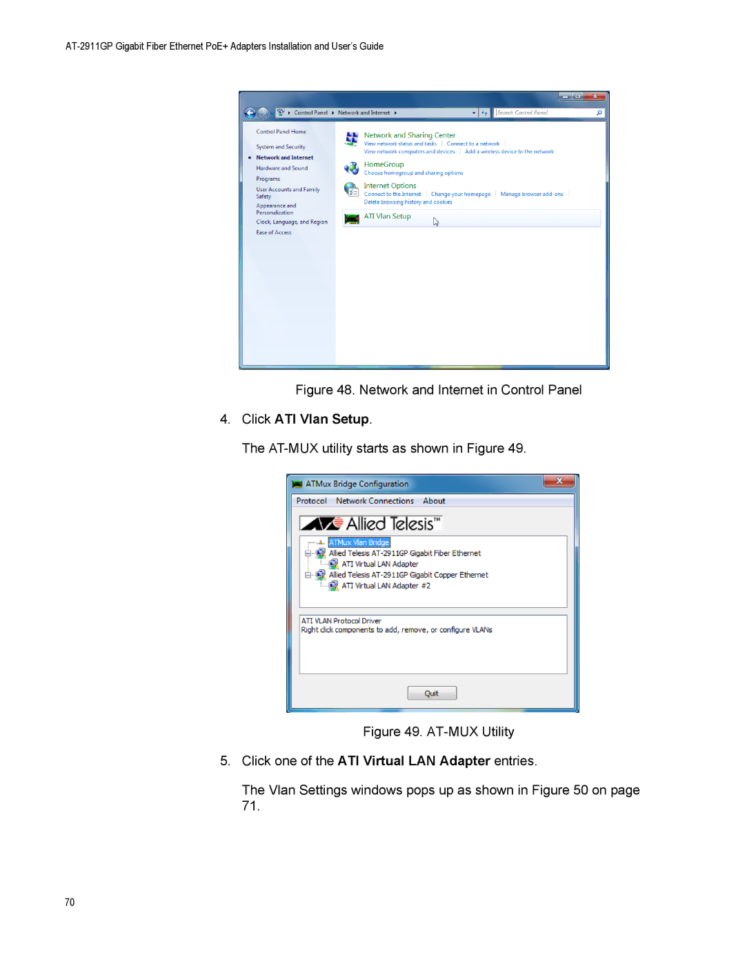 Allied Telesis AT-2911GP/SXLC, AT-2911GP/LXLC manual Click ATI Vlan Setup, AT-MUX utility starts as shown in Figure 