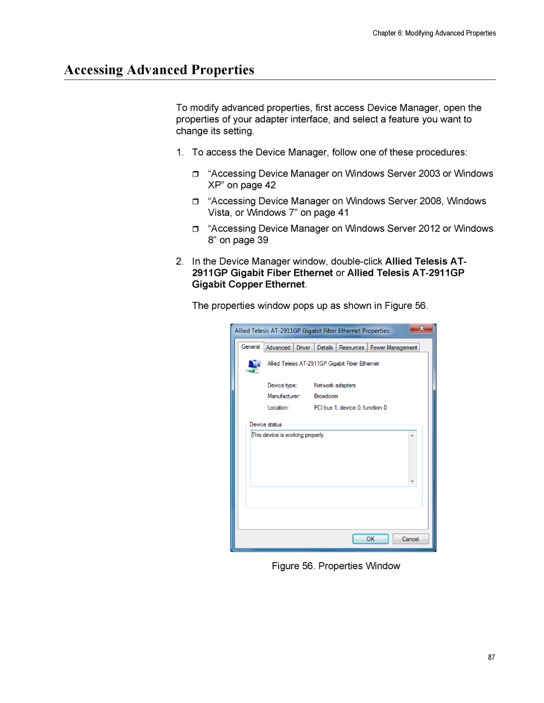 Allied Telesis AT-2911GP/LXSC, AT-2911GP/LXLC, AT-2911GP/SXSC manual Accessing Advanced Properties, Properties Window 