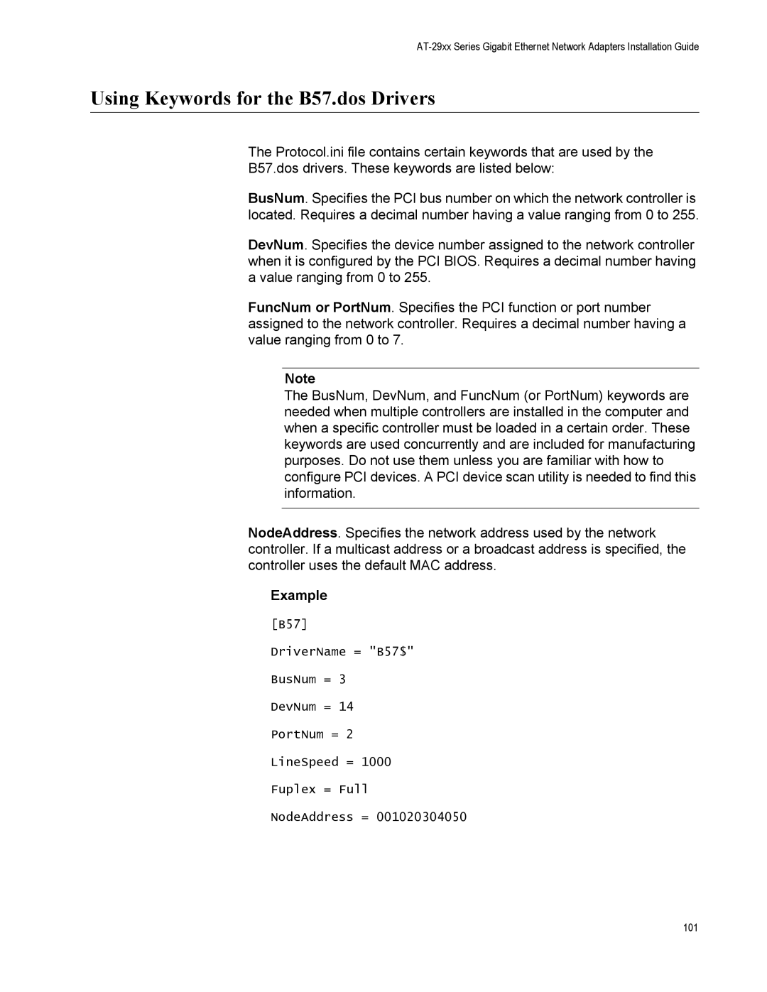 Allied Telesis AT-2972T/2, AT-2916LX10/LC-901, AT-2916SX, AT-2931SX, AT-2972SX/2 manual Using Keywords for the B57.dos Drivers 