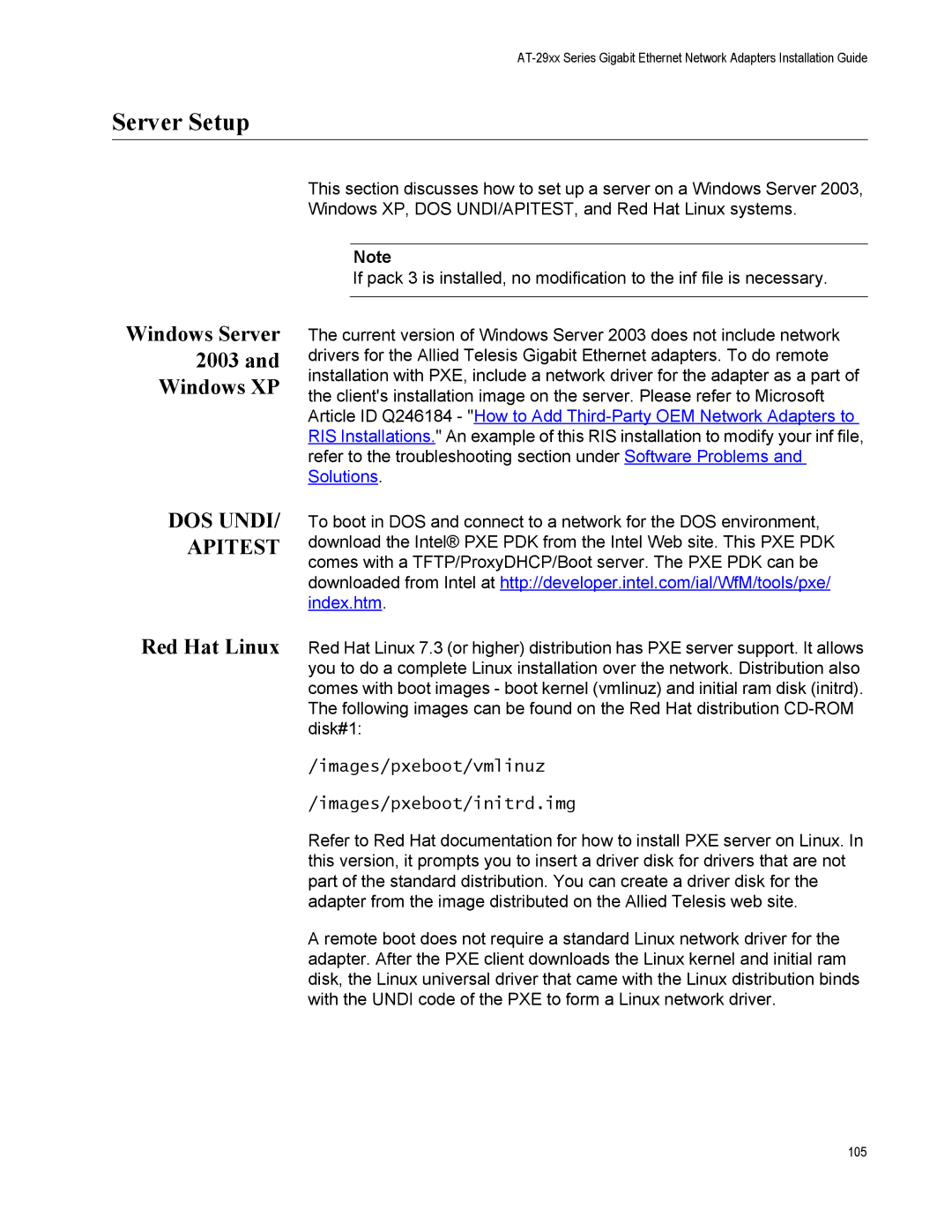 Allied Telesis AT-2916LX10/LC-901, AT-2916SX, AT-2931SX, AT-2972T/2, AT-2972SX/2 Server Setup, Windows Server 2003 Windows XP 