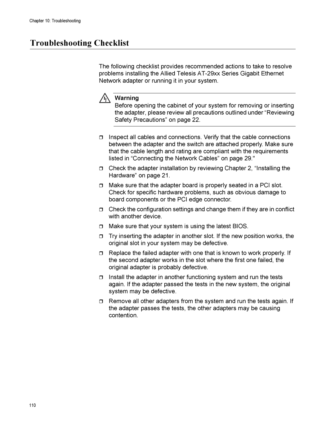 Allied Telesis AT-2972LX10/LC-901, AT-2916LX10/LC-901, AT-2916SX, AT-2931SX, AT-2972T/2, AT-2972SX/2 Troubleshooting Checklist 