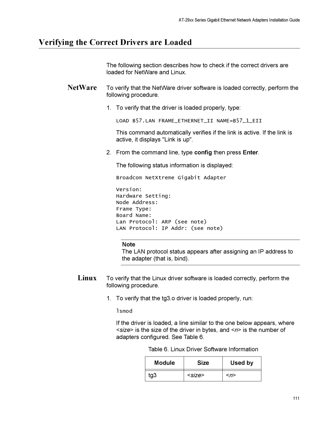 Allied Telesis AT-2972SX, AT-2916LX10/LC-901, AT-2916SX manual Verifying the Correct Drivers are Loaded, Module Size Used by 