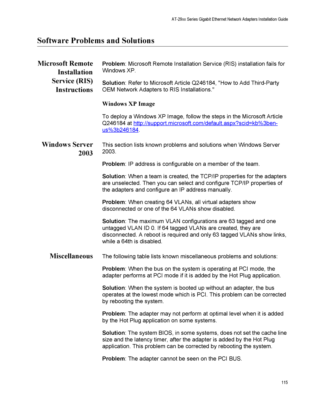 Allied Telesis AT-2972T/2, AT-2916LX10/LC-901, AT-2916SX, AT-2931SX manual Software Problems and Solutions, Windows XP Image 