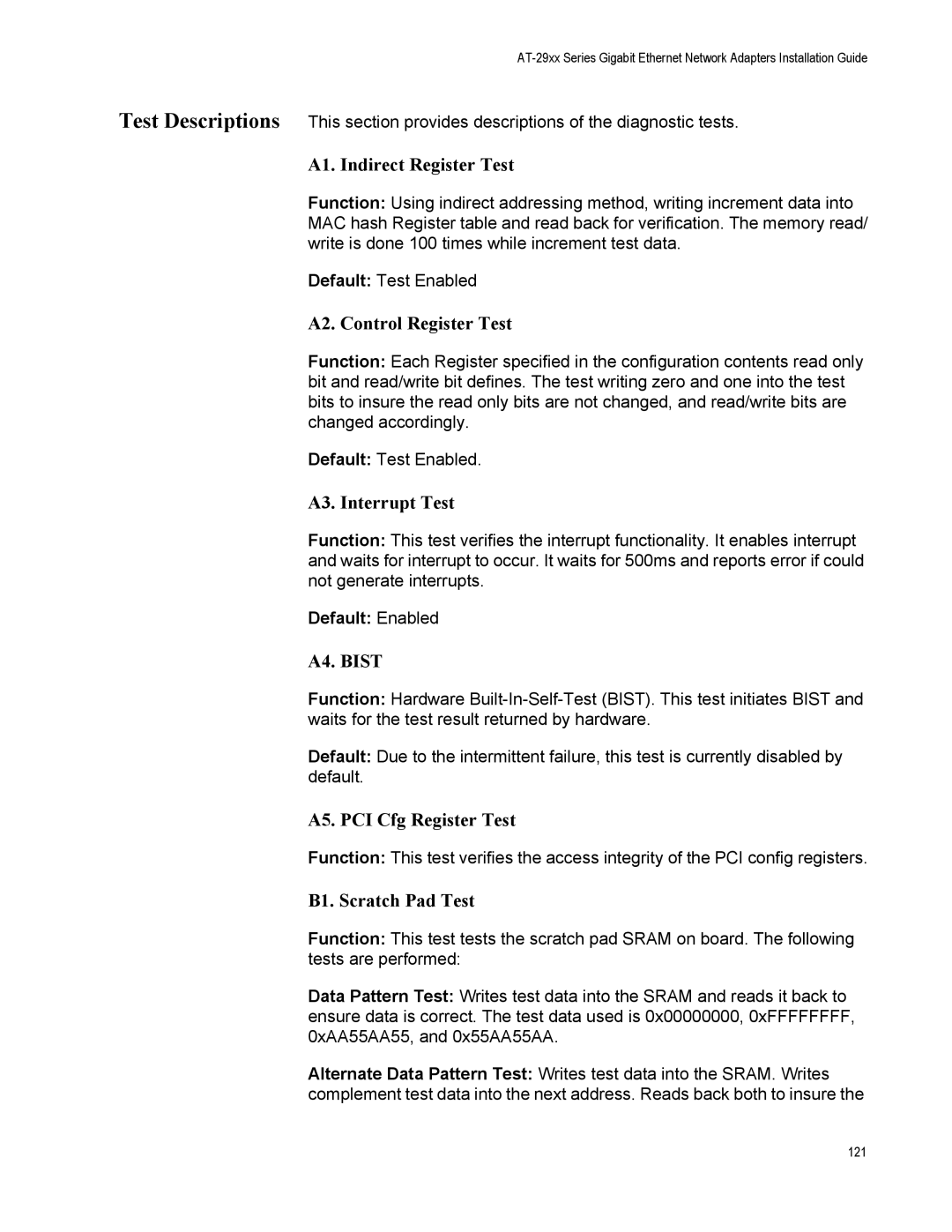 Allied Telesis AT-2931SX A1. Indirect Register Test, A2. Control Register Test, A3. Interrupt Test, B1. Scratch Pad Test 