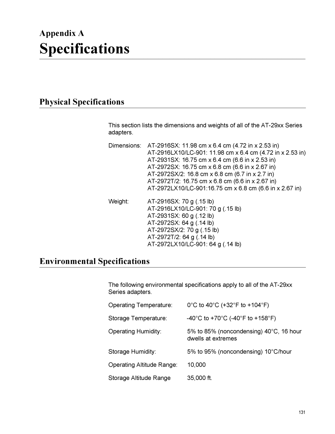 Allied Telesis AT-2972LX10/LC-901, AT-2916SX manual Appendix a, Physical Specifications, Environmental Specifications 