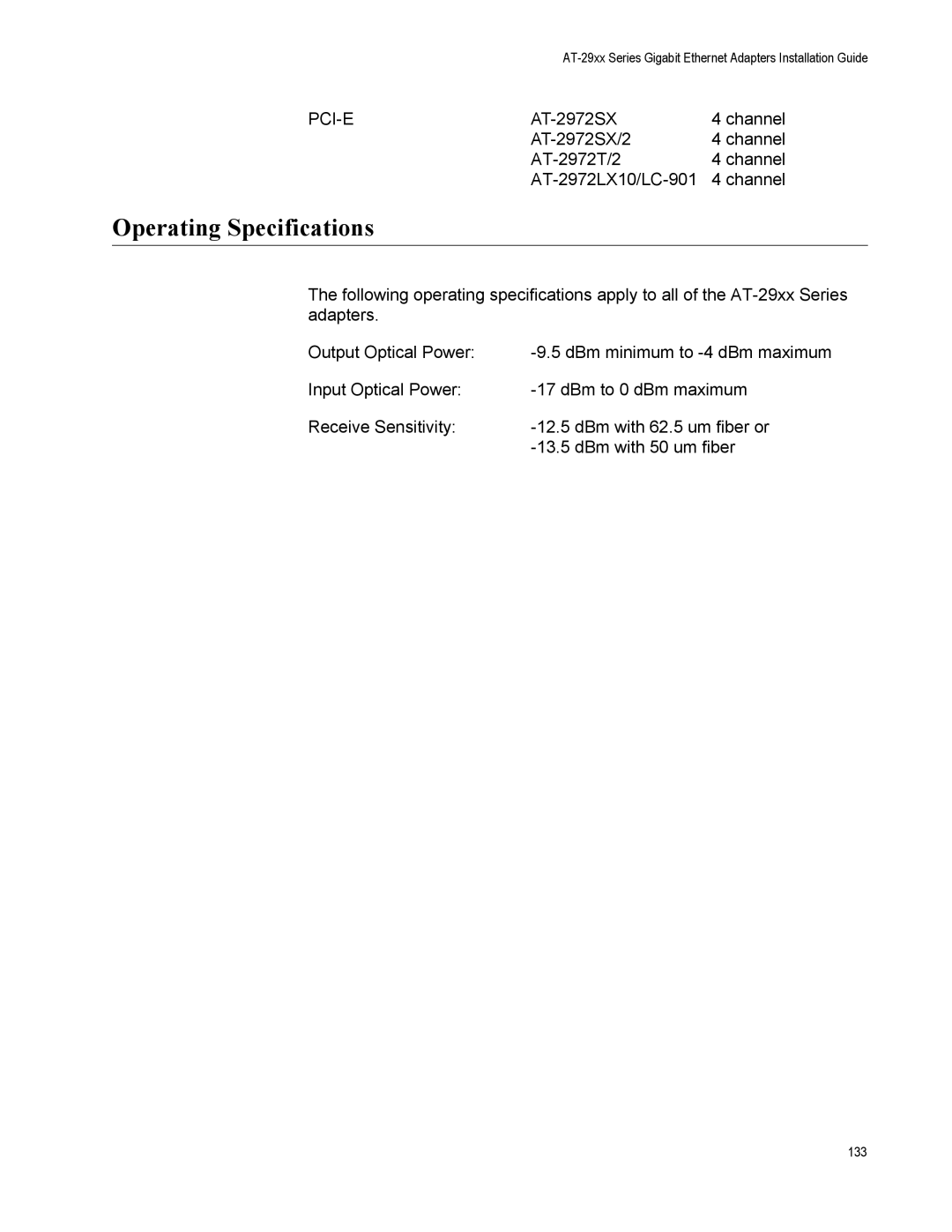 Allied Telesis AT-2916LX10/LC-901, AT-2916SX, AT-2931SX, AT-2972T/2, AT-2972SX/2, AT-2972LX10/LC-901 Operating Specifications 