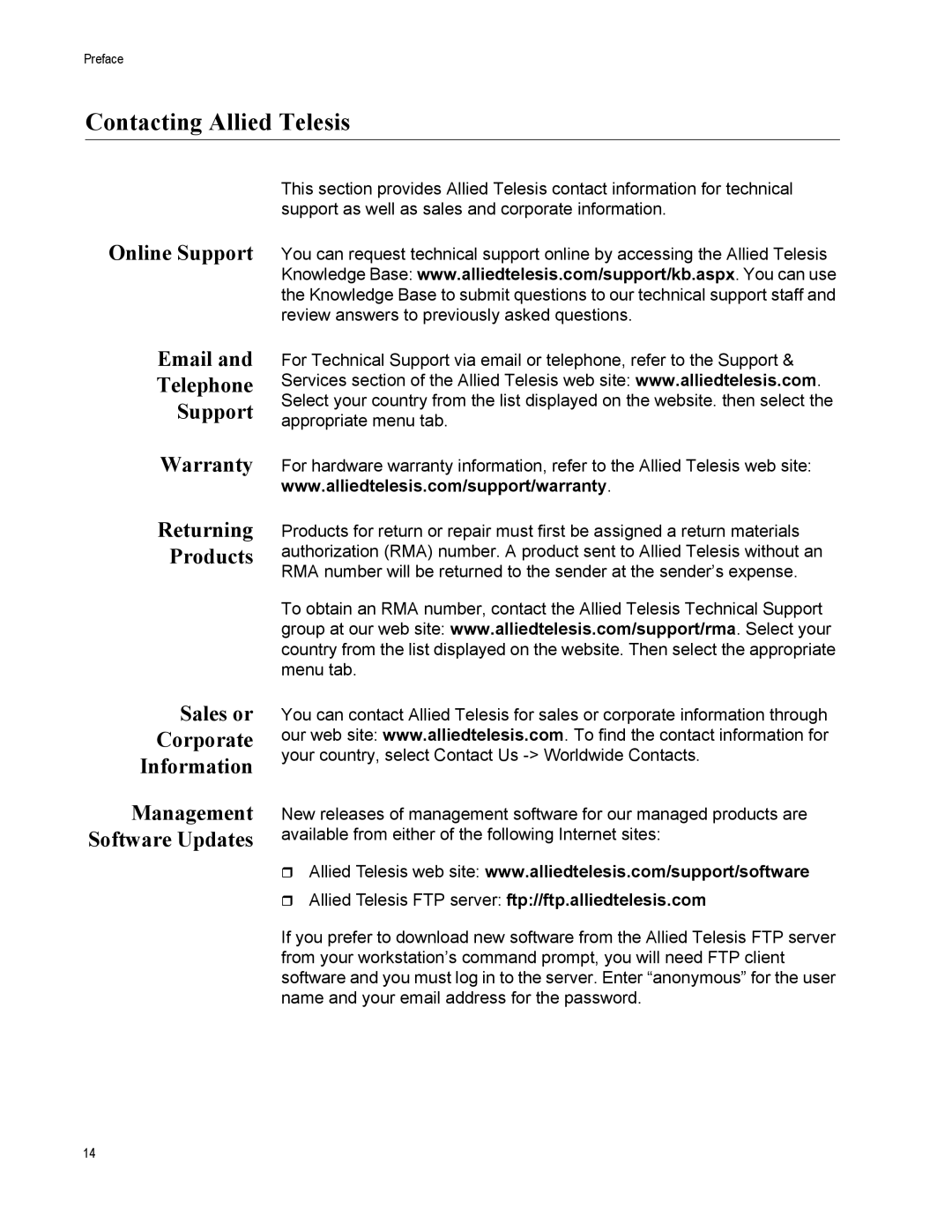 Allied Telesis AT-2916LX10/LC-901, AT-2916SX, AT-2931SX, AT-2972T/2 Contacting Allied Telesis, Management Software Updates 