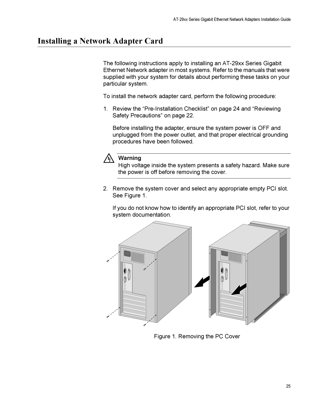 Allied Telesis AT-2972SX/2, AT-2916LX10/LC-901, AT-2916SX manual Installing a Network Adapter Card, Removing the PC Cover 