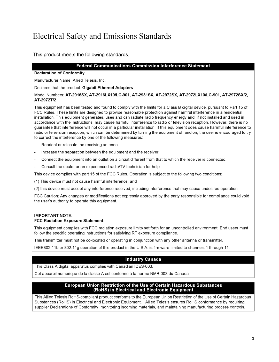 Allied Telesis AT-2972T/2, AT-2916LX10/LC-901, AT-2916SX, AT-2931SX, AT-2972SX/2 Electrical Safety and Emissions Standards 