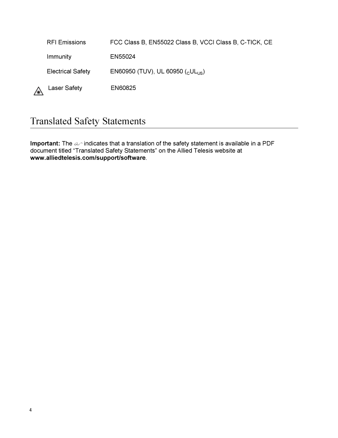 Allied Telesis AT-2972SX/2, AT-2916LX10/LC-901, AT-2916SX, AT-2931SX, AT-2972T/2 manual Translated Safety Statements 