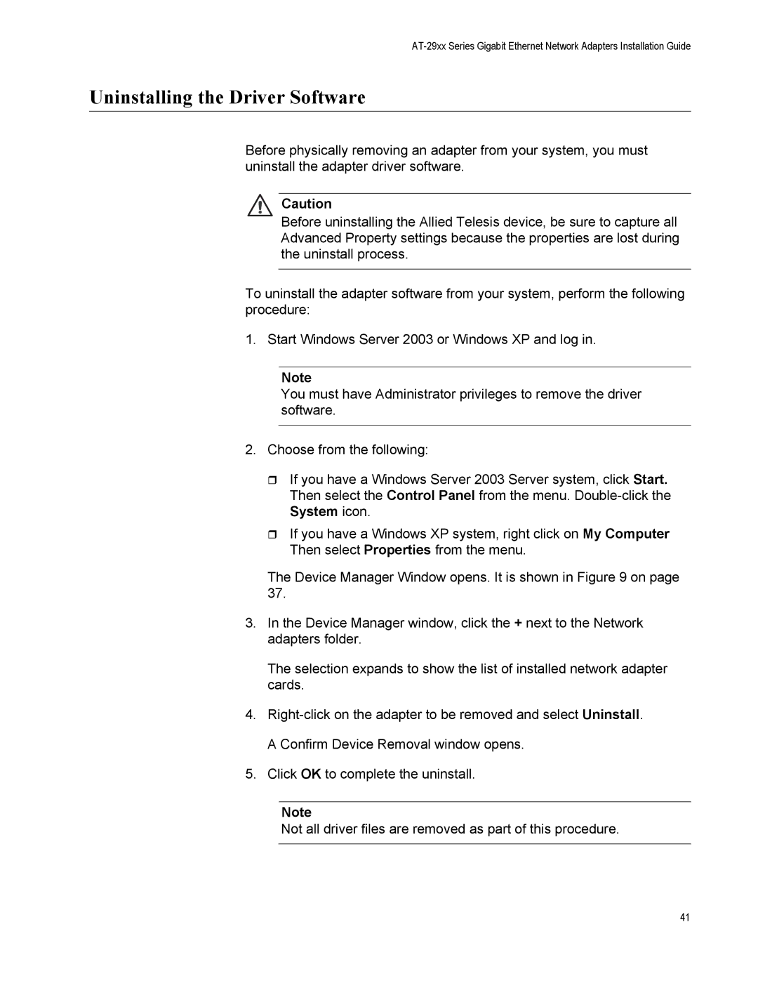 Allied Telesis AT-2916LX10/LC-901, AT-2916SX, AT-2931SX, AT-2972T/2, AT-2972SX/2 manual Uninstalling the Driver Software 