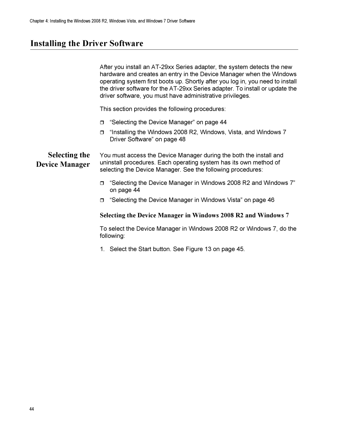 Allied Telesis AT-2931SX, AT-2916LX10/LC-901, AT-2916SX Selecting the Device Manager in Windows 2008 R2 and Windows 