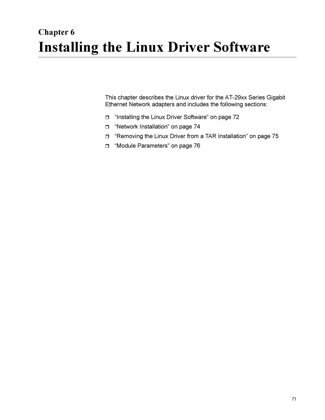 Allied Telesis AT-2916SX, AT-2916LX10/LC-901, AT-2931SX, AT-2972T/2, AT-2972SX Installing the Linux Driver Software, Chapter 