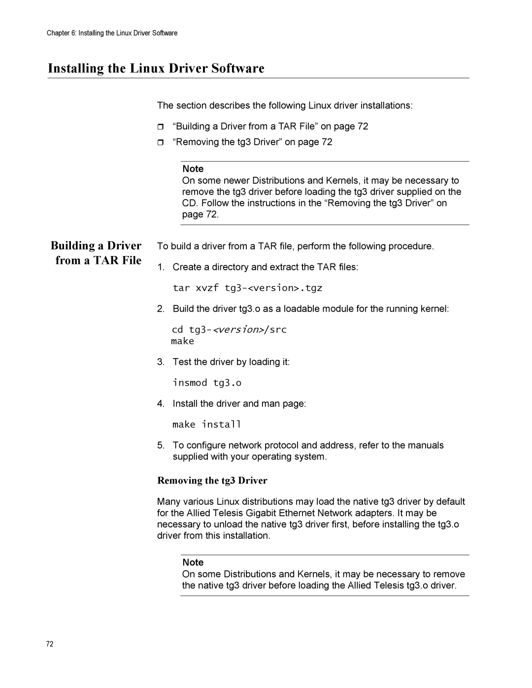 Allied Telesis AT-2931SX Installing the Linux Driver Software, Building a Driver from a TAR File, Removing the tg3 Driver 
