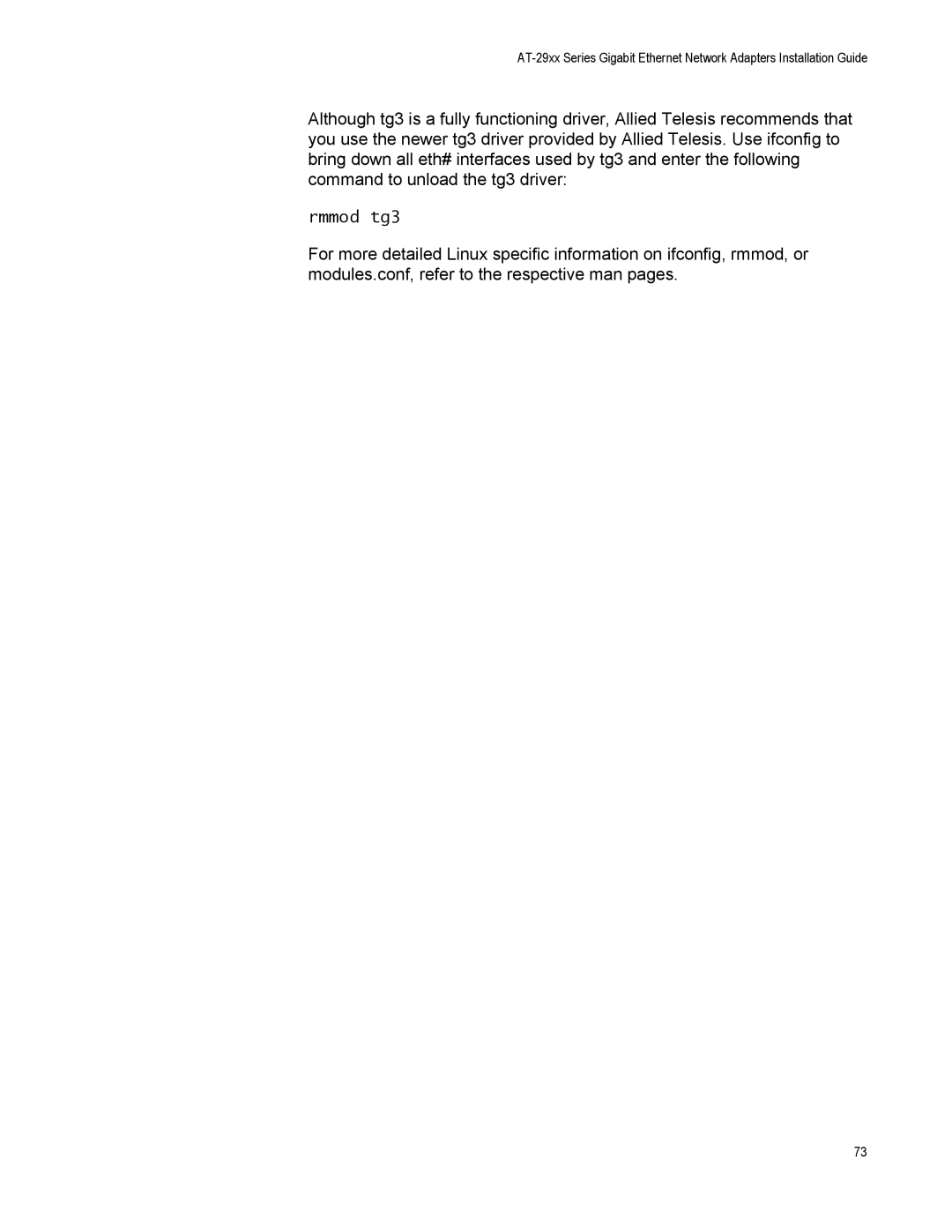 Allied Telesis AT-2972T/2, AT-2916LX10/LC-901, AT-2916SX, AT-2931SX, AT-2972SX/2, AT-2972LX10/LC-901 manual Rmmod tg3 