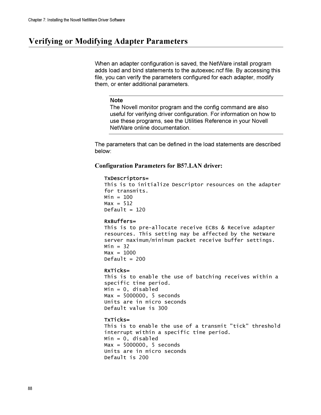 Allied Telesis AT-2972SX/2 manual Verifying or Modifying Adapter Parameters, Configuration Parameters for B57.LAN driver 