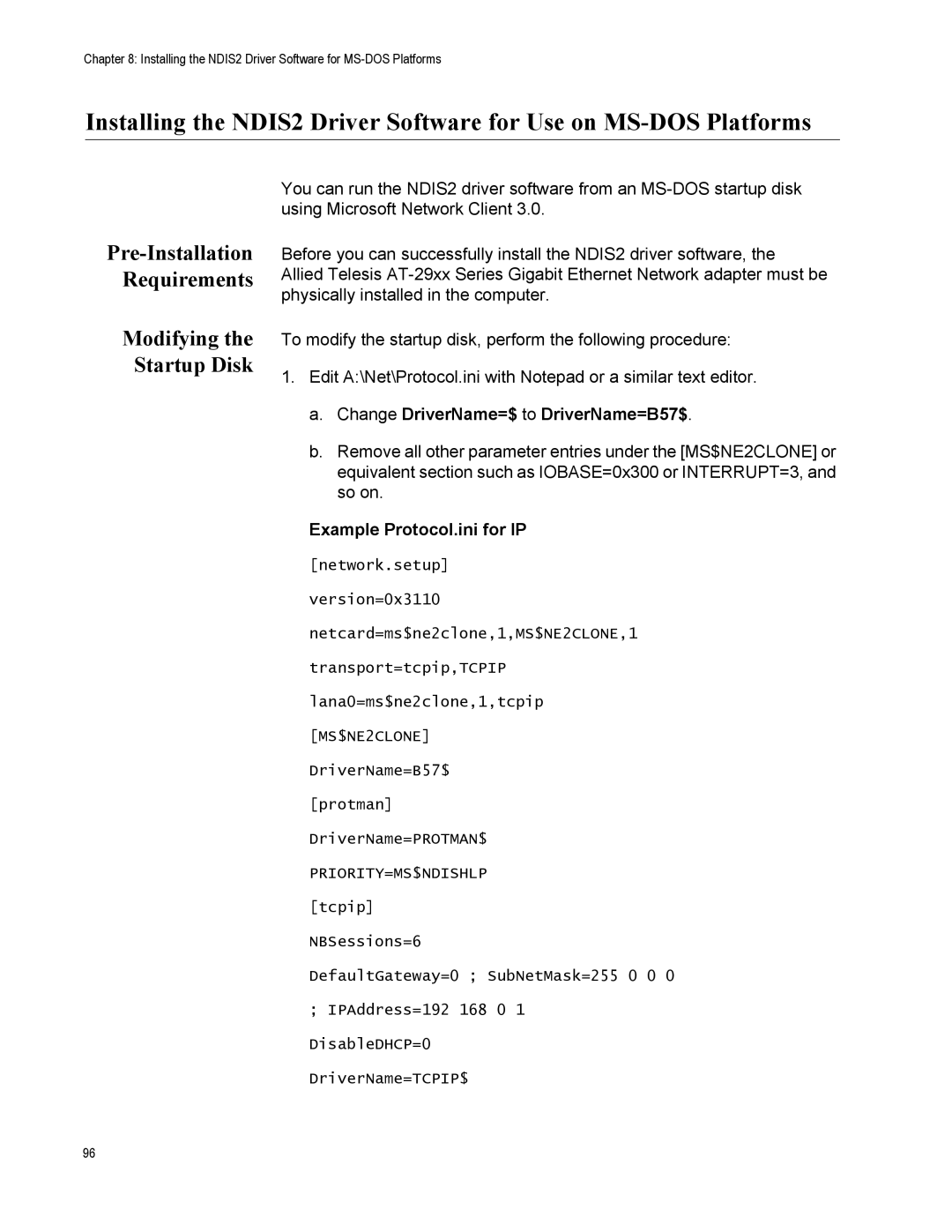 Allied Telesis AT-2972LX10/LC-901, AT-2916SX manual Pre-Installation Requirements, Change DriverName=$ to DriverName=B57$ 