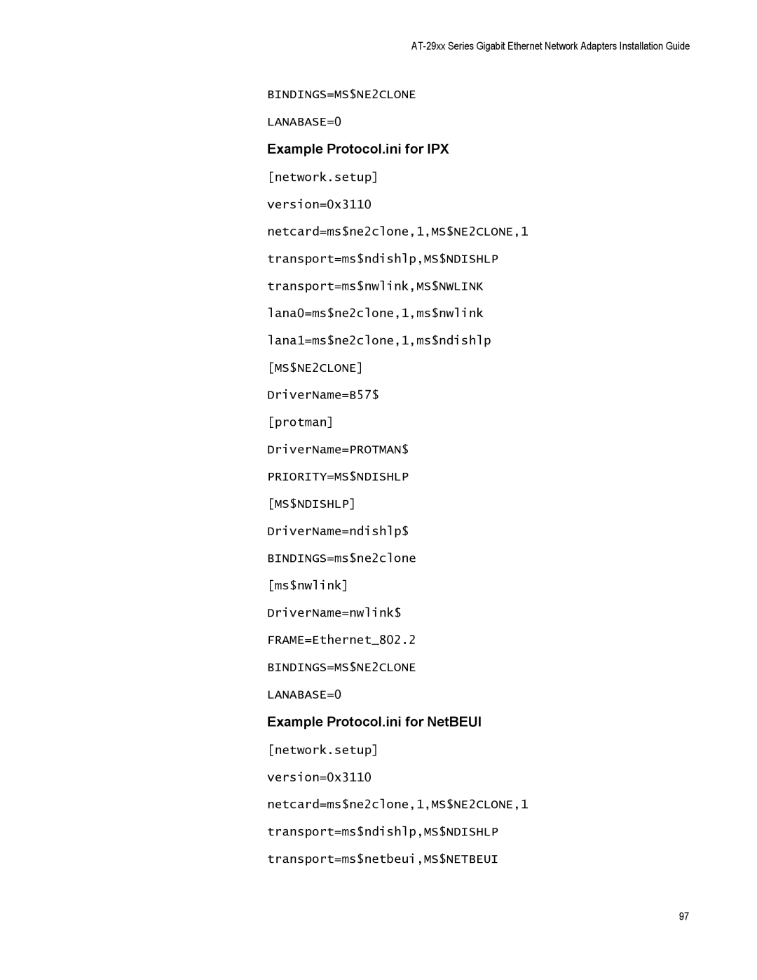 Allied Telesis AT-2972SX, AT-2916LX10/LC-901, AT-2916SX manual Example Protocol.ini for IPX, Example Protocol.ini for NetBEUI 