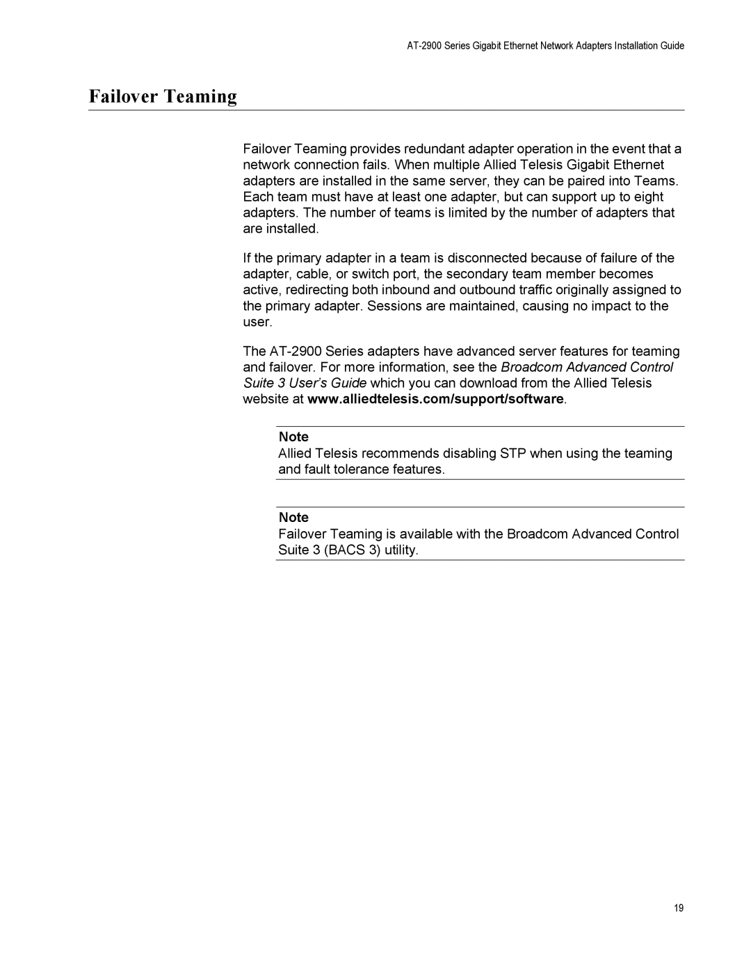 Allied Telesis AT-2972LX10/LC, AT-2916LX10/LC manual Failover Teaming 