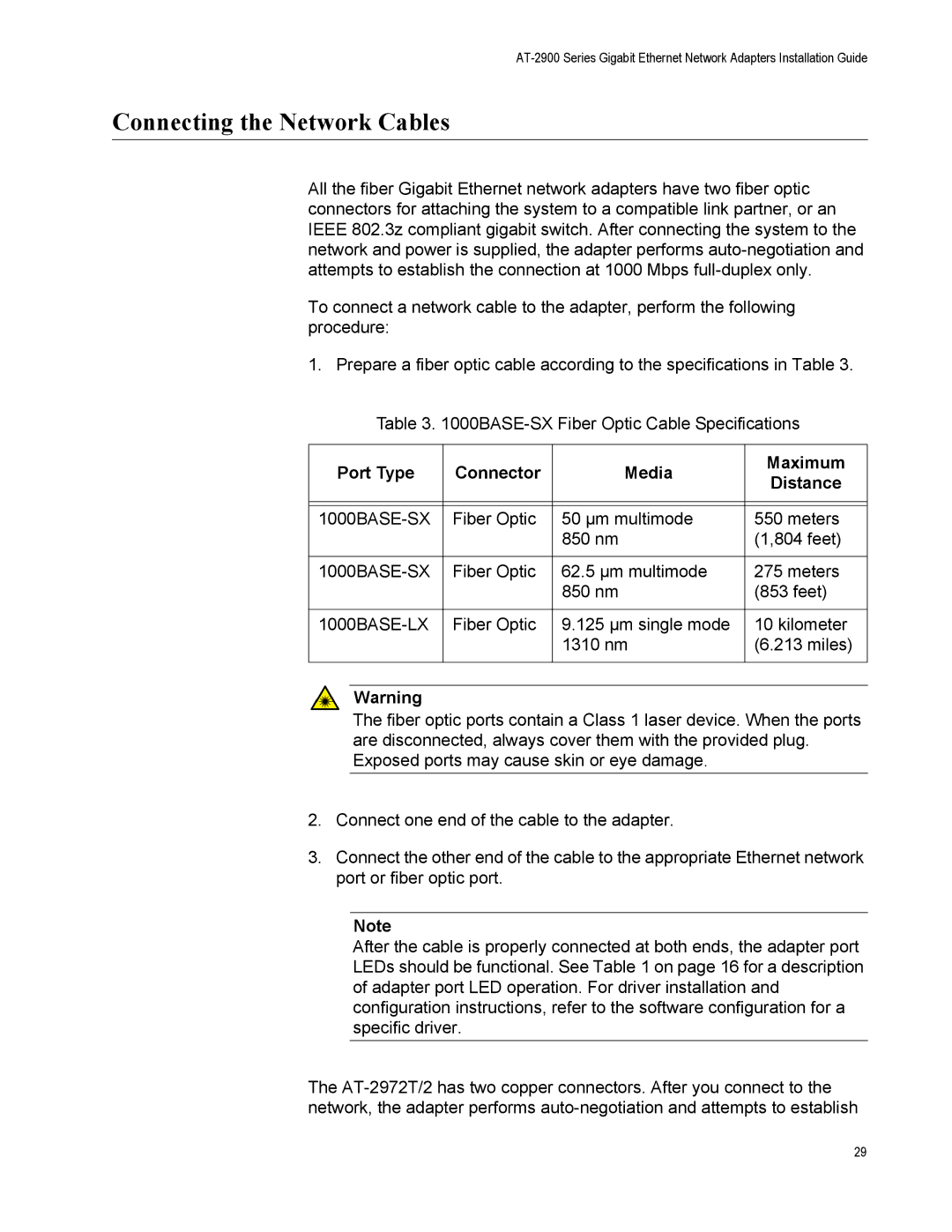 Allied Telesis AT-2972LX10/LC, AT-2916LX10/LC Connecting the Network Cables, Port Type Connector Media Maximum Distance 