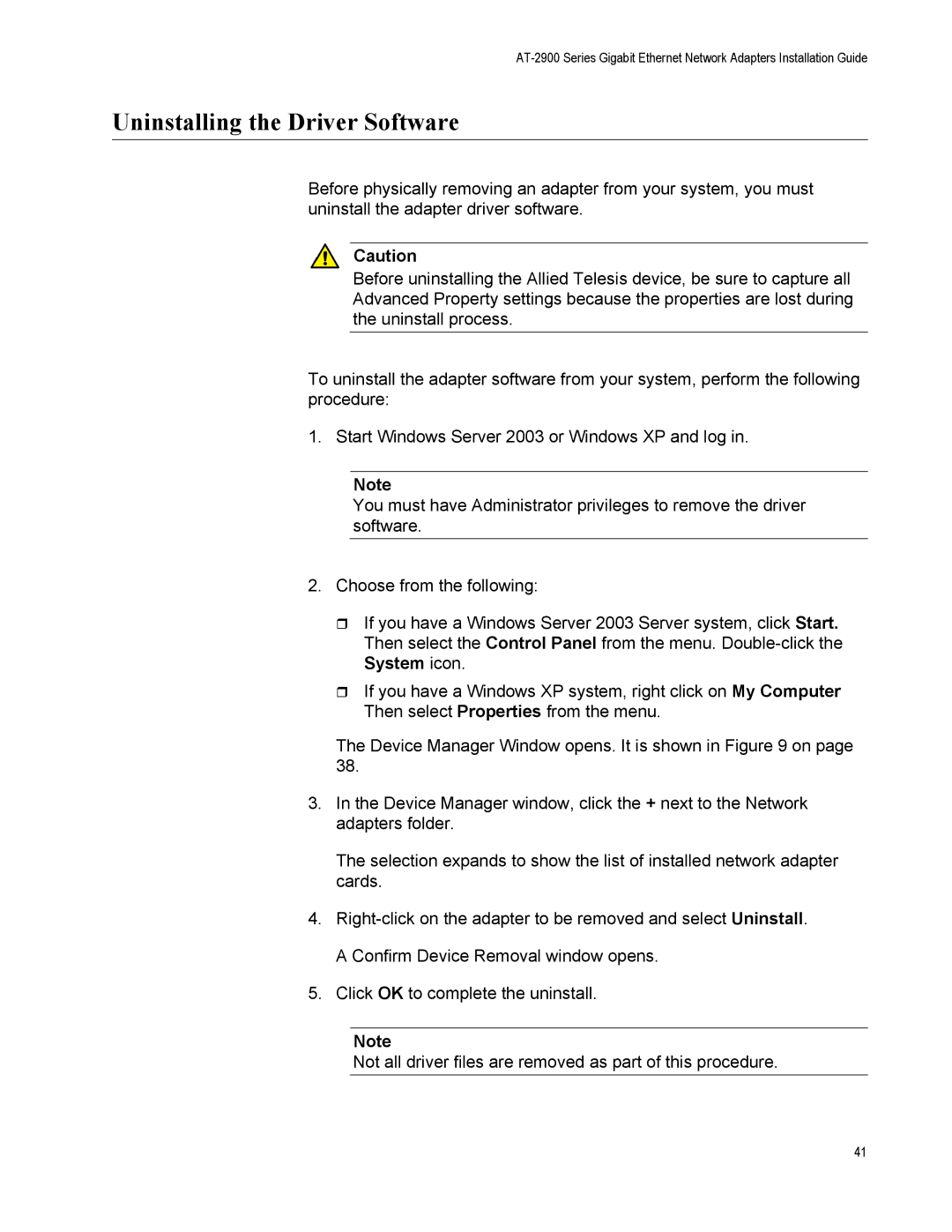 Allied Telesis AT-2972LX10/LC, AT-2916LX10/LC manual Uninstalling the Driver Software 