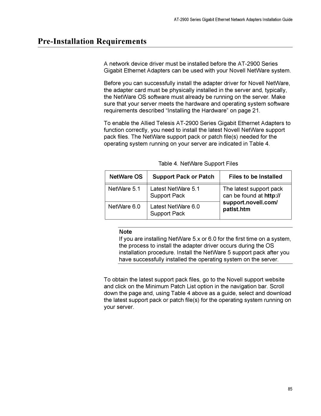 Allied Telesis AT-2972LX10/LC manual Pre-Installation Requirements, NetWare OS Support Pack or Patch Files to be Installed 