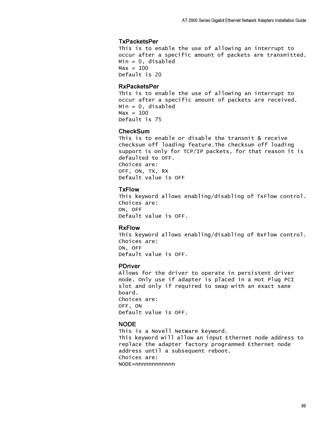 Allied Telesis AT-2972LX10/LC, AT-2916LX10/LC manual TxPacketsPer, RxPacketsPer, CheckSum, TxFlow, RxFlow, PDriver 