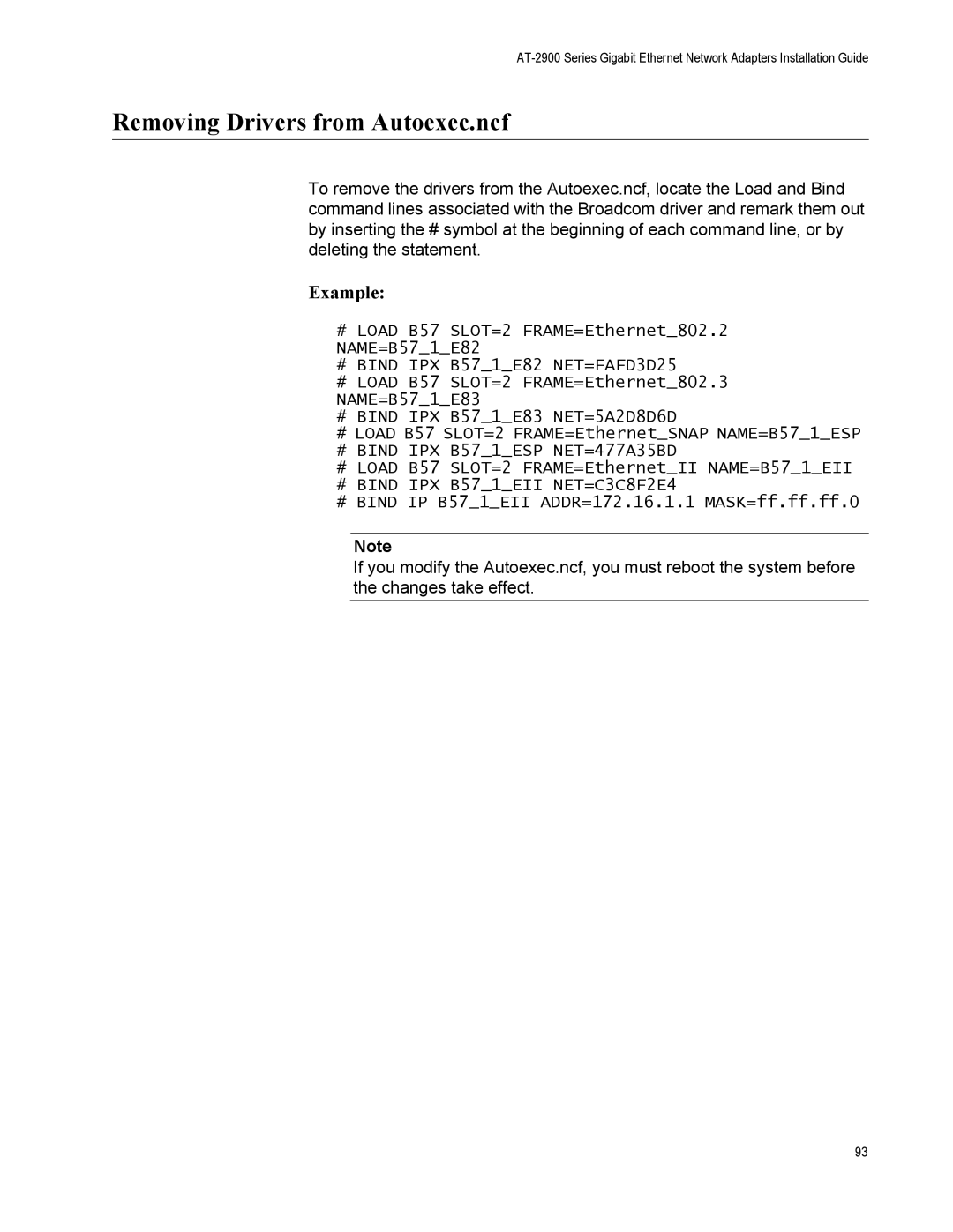 Allied Telesis AT-2972LX10/LC, AT-2916LX10/LC manual Removing Drivers from Autoexec.ncf, Example 