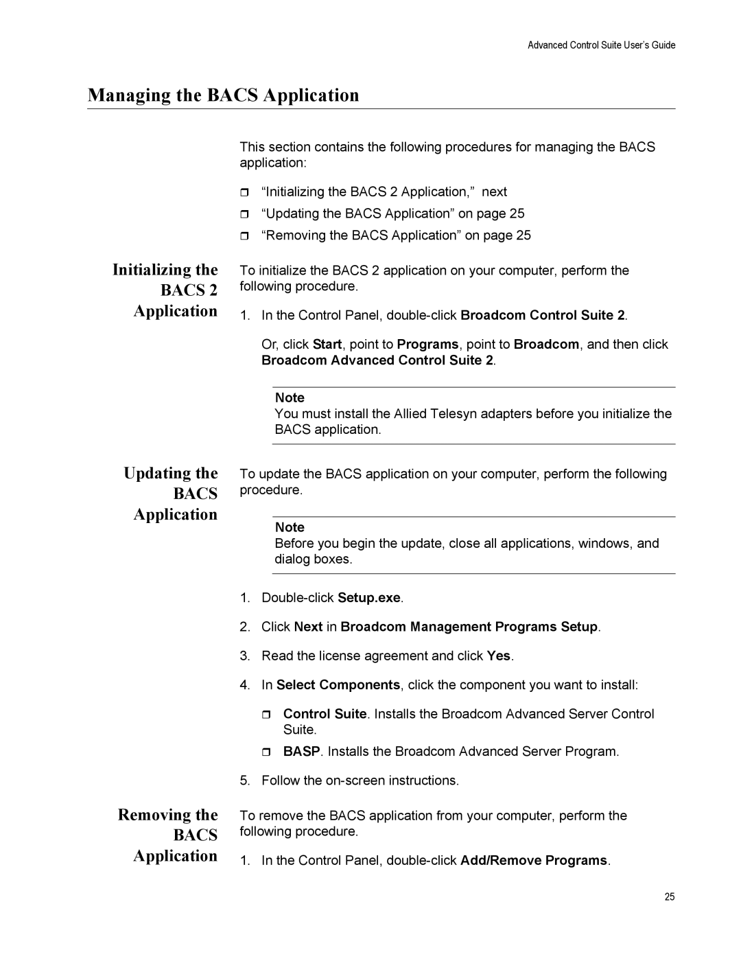 Allied Telesis AT-2972SX manual Managing the Bacs Application, Initializing, Application Updating, Application Removing 