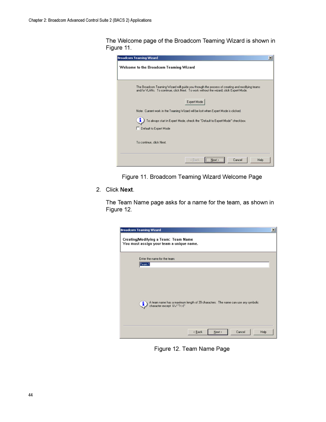 Allied Telesis AT2972SX/2, AT-2916SX, AT-2972SX manual Welcome page of the Broadcom Teaming Wizard is shown 