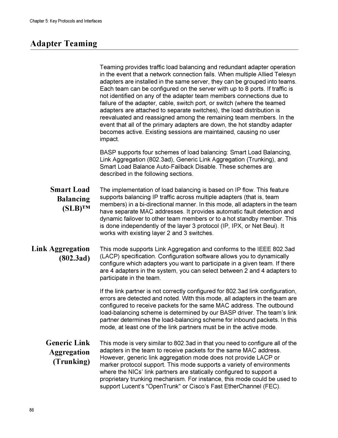 Allied Telesis AT2972SX/2, AT-2916SX manual Adapter Teaming, Smart Load Balancing SLB, Generic Link Aggregation Trunking 