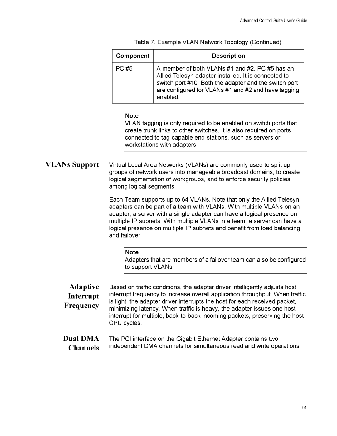 Allied Telesis AT-2972SX, AT-2916SX, AT2972SX/2 manual VLANs Support Adaptive Interrupt Frequency Dual DMA Channels 