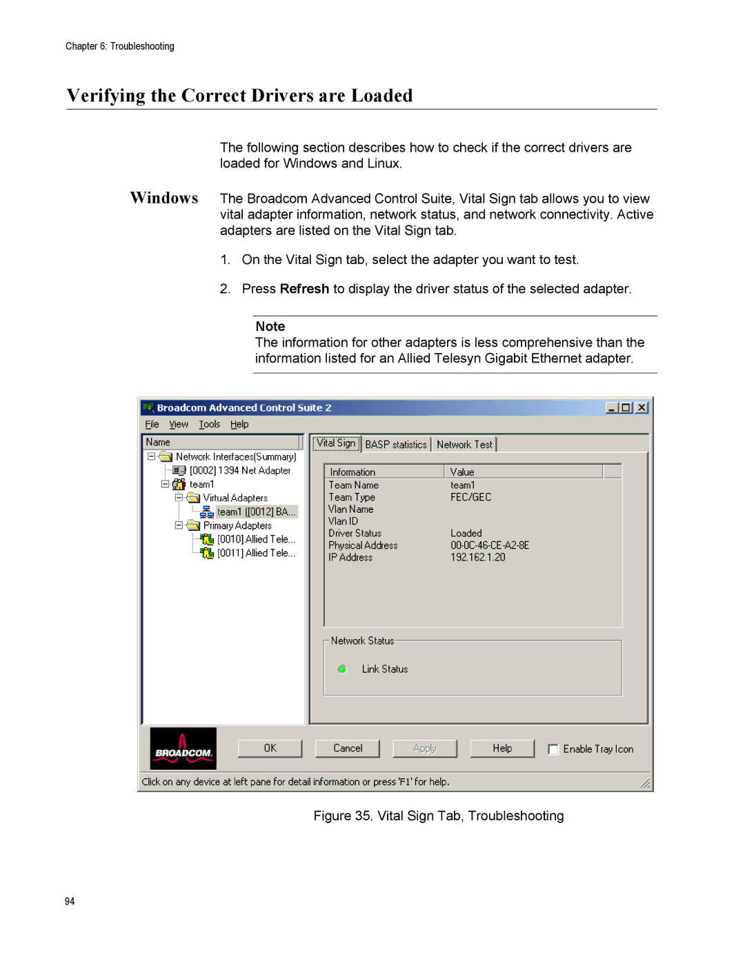 Allied Telesis AT-2972SX, AT-2916SX, AT2972SX/2 Verifying the Correct Drivers are Loaded, Vital Sign Tab, Troubleshooting 