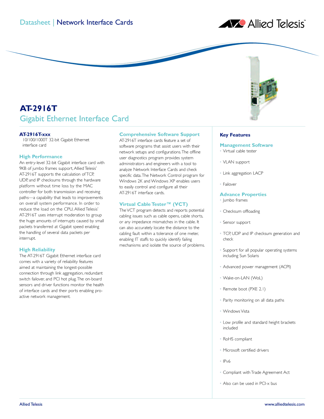 Allied Telesis AT-2916T manual Gigabit Ethernet Interface Card 