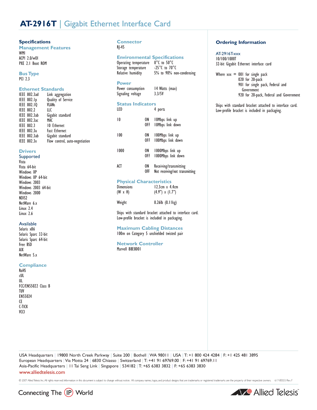 Allied Telesis manual AT-2916T Gigabit Ethernet Interface Card 